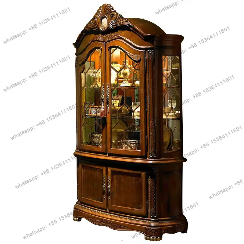 American solid wood wine cabinet European double door glass storage retro carved decorative cabinet