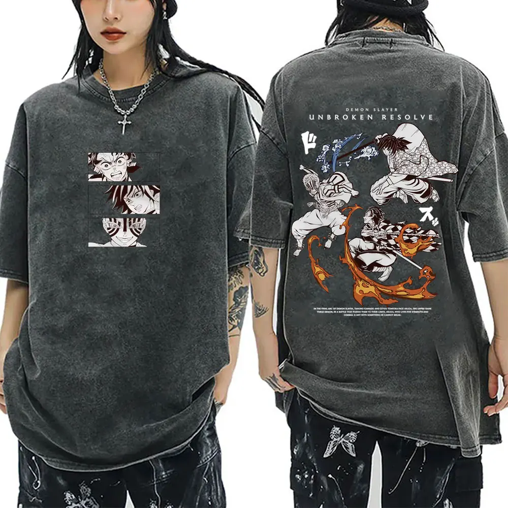 

Anime Demon Slayer Kamado Tanjirou Tomioka Giyuu Akaza Washed Vintage T-shirt Men Women Fashion Casual T Shirts Retro Streetwear