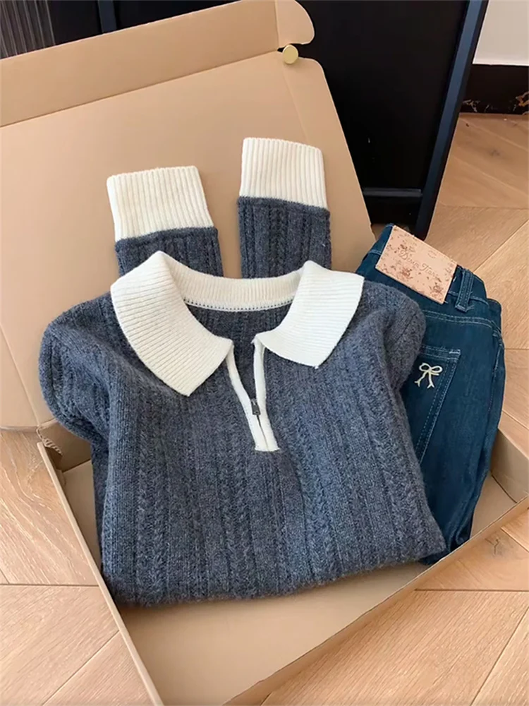 

Color Blo Zipper Knitted Loose Fit Collar Women's Sweater Casual Sle Winter New Arrival Faionable Base Layer irt