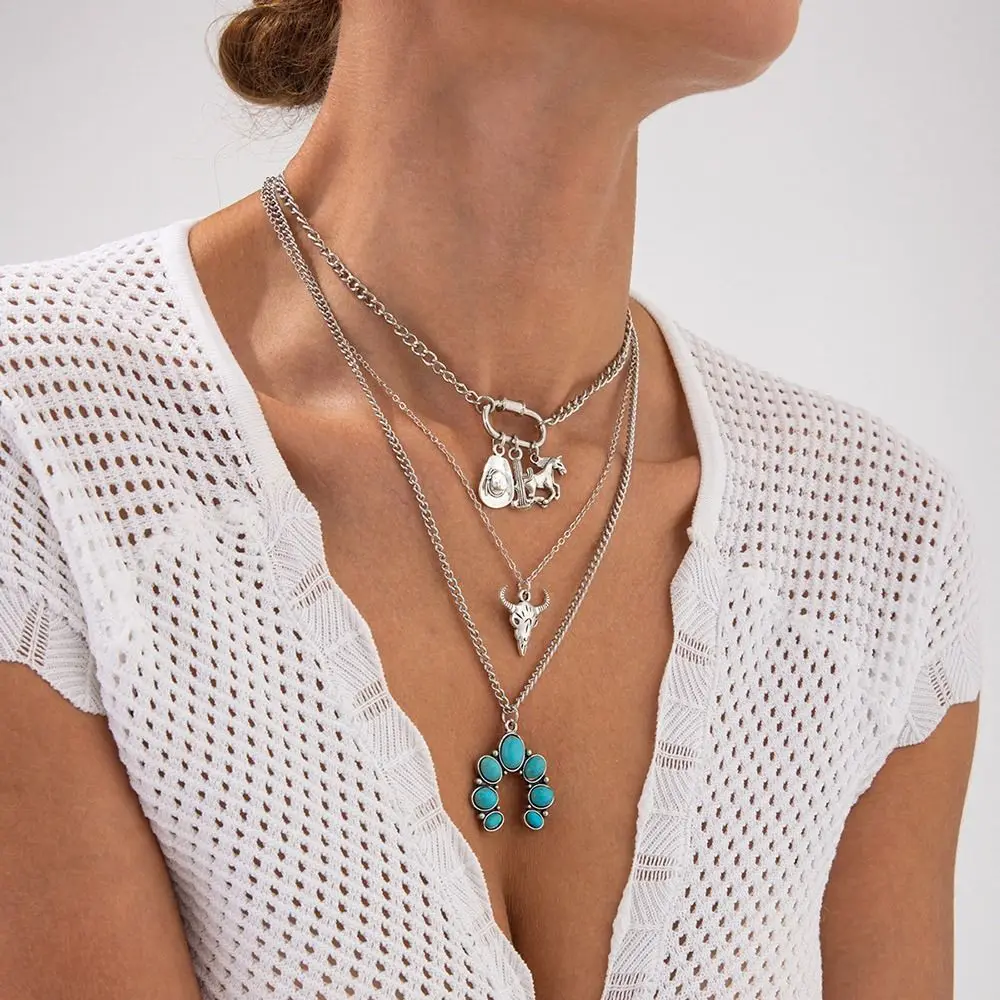 

Europe America Style Cowboy Hat Turquoise Necklace Horse Cattle Multi Layer Necklace Ethnic Punk Bull Head Pendant Gift