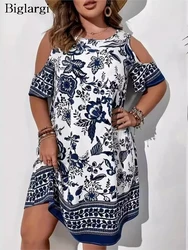 Plus Size letni kwiat kwiatowy nadruk Mini sukienka damska z odkrytymi ramionami elegancka damska sukienka luźna kobieca sukienka z falbanami