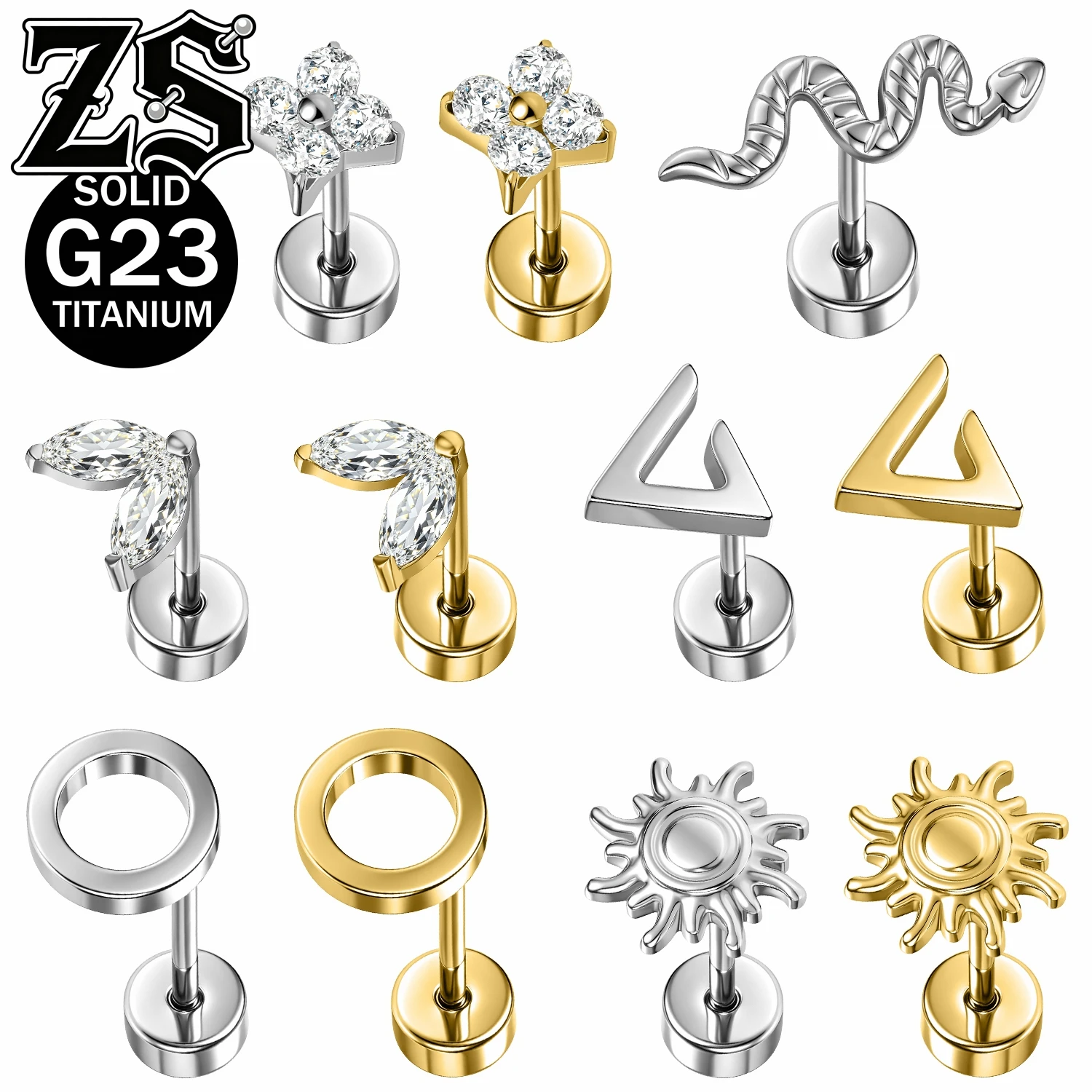 ZS 20G 1PC/1 Pair ASTM F136 Titanium Ear Studs Women Zircon Stud Earring Triangle Snake Lobe Tragus Helix Conch Piercing Jewelry