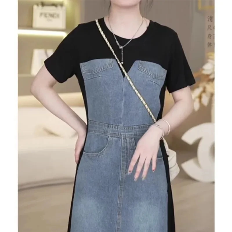 Korean Style Socialite Elegant Short Sleeve Round Neck Slimming Denim Patchwork A- line Casual T-shirt Dress