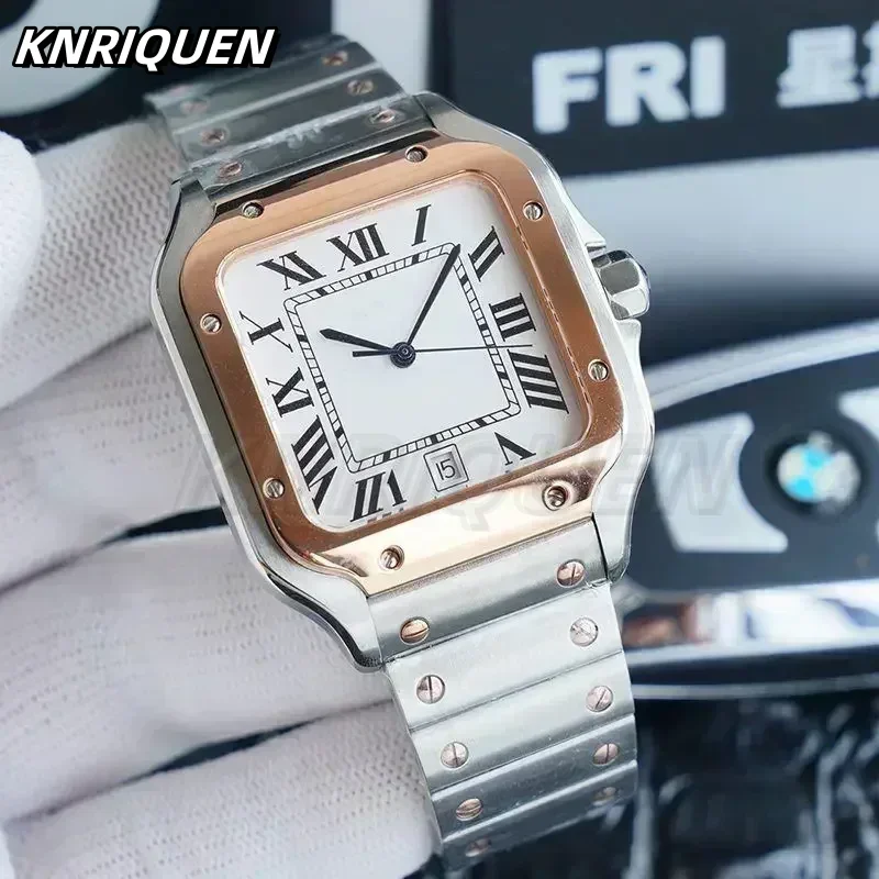 Knrlquen New Men Women Watch Automatic Mechanical Rose Gold Fashion Square Stainless Steel Casual Watches Black White Blue Rome