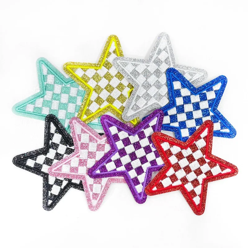 8 PCS Iron On Patches Glitter Stars Embroidered Checkerboard Applique Cute Fashion Trendy Decoration for Clothing Bags Jackets