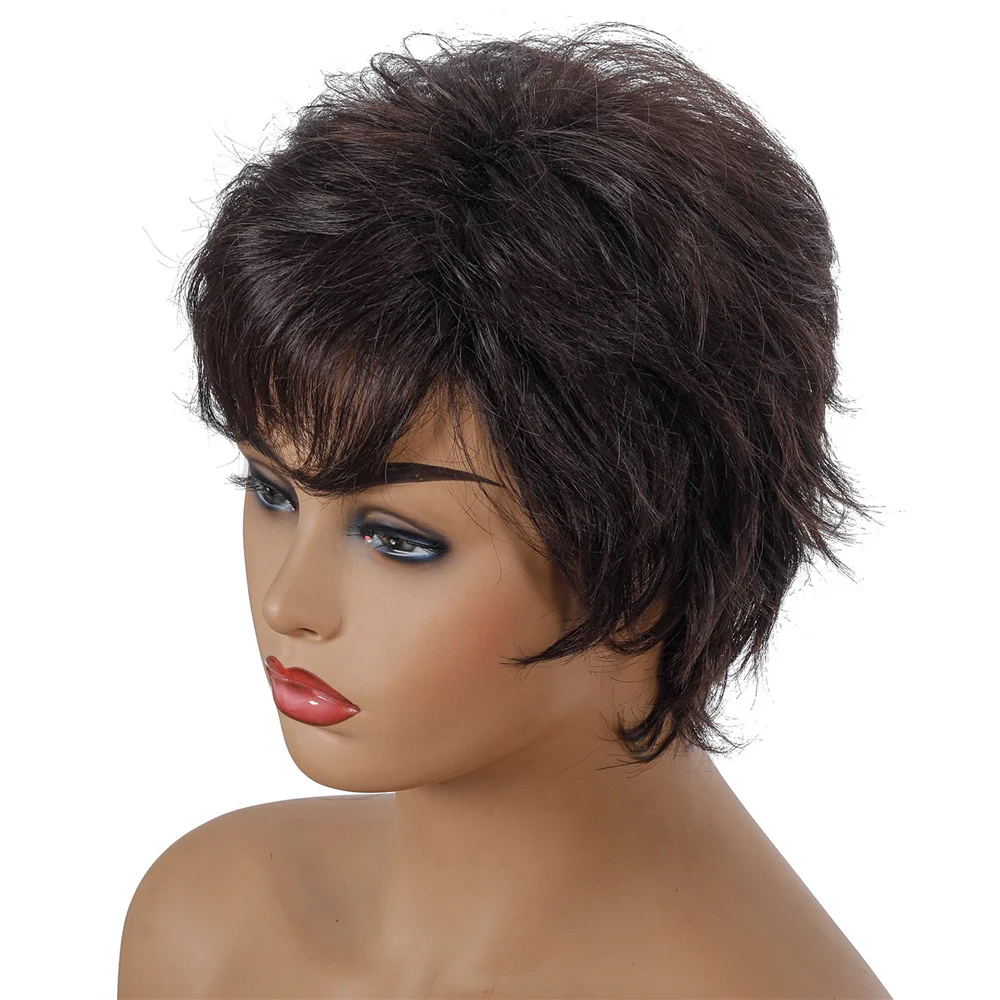 OUCEY Pixie Cut Wig sintetis Wig pendek wanita dengan poni Wig cokelat untuk wanita hitam Wig wanita tahan panas