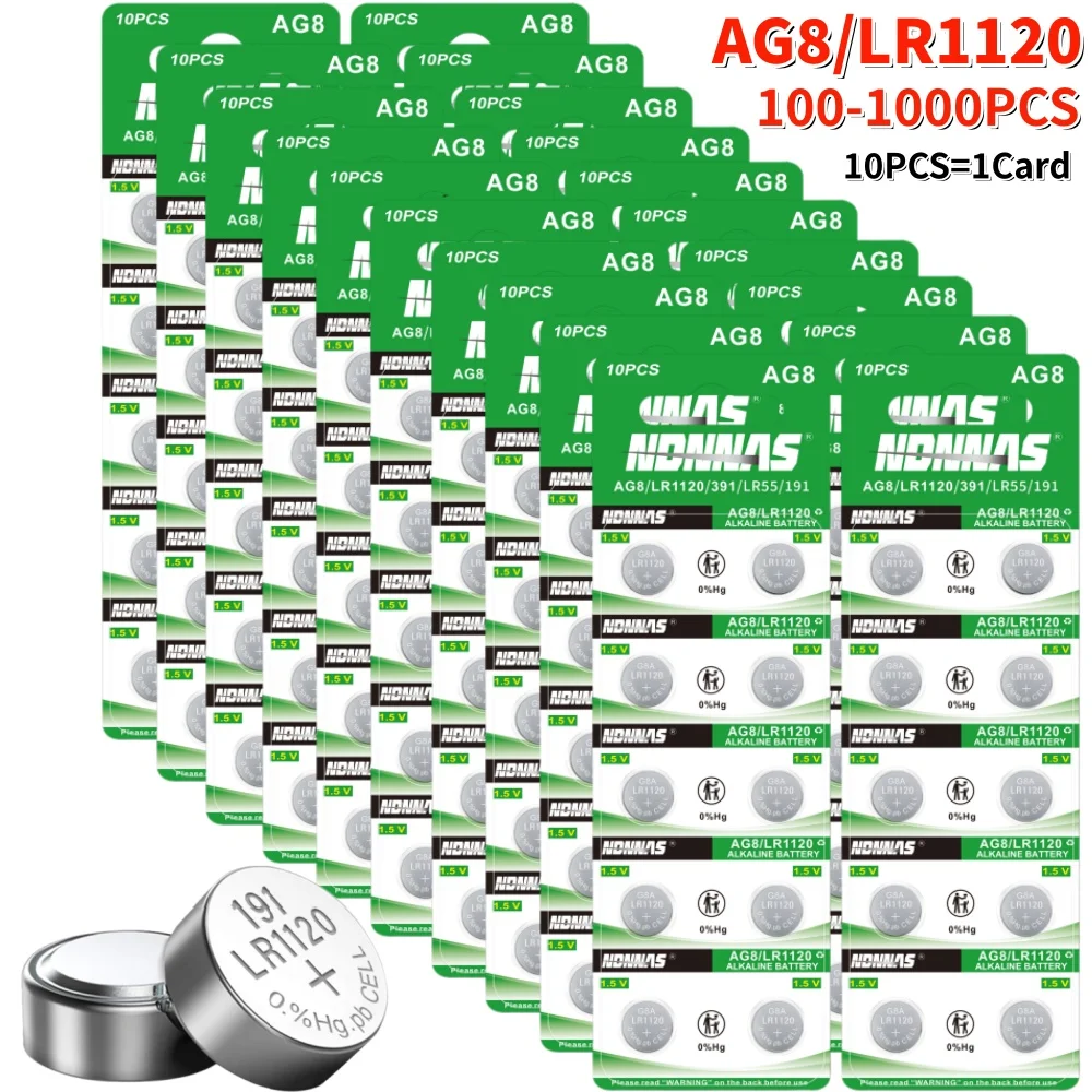 100-1000PCS 1.55V AG8 45mAh Button Batteries LR1120 391 SR1120 R1120W CX191 G8A 191 391A SR1120SW Cell Coin Watch Toys Remote