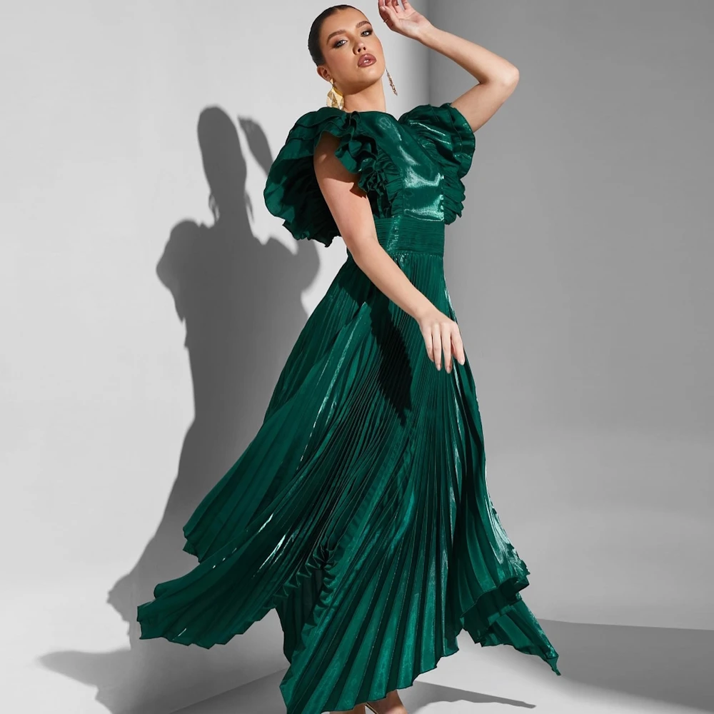 

ROSELLA Green O Neck Elegant Women Party Dresses For Special Event A Line Asymmetrical Ruffles Formal Prom Gown New 2023