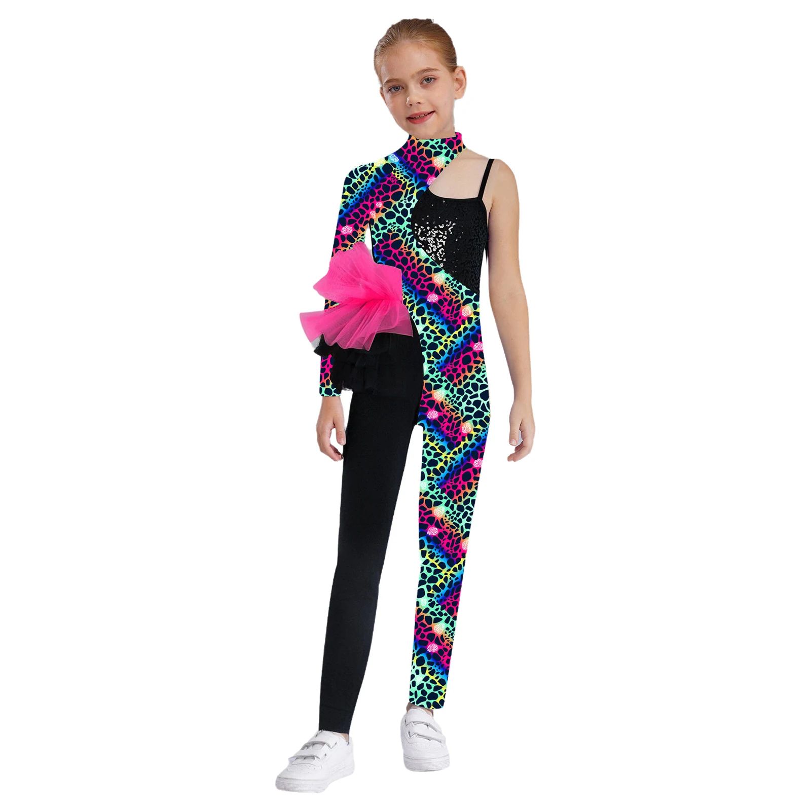 

Kids Girls Printed Jumpsuit Gymnastics Ballet Dance Costume Asymmetrical Long Sleeve Side Tulle Peplum Sequin Patchwork Bodysuit