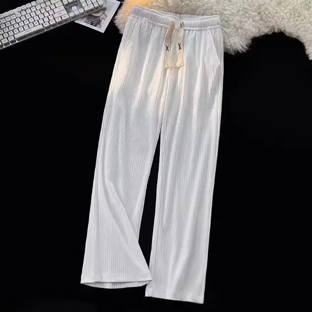 White Wide Leg Pants Men Summer Thin Ice Silk Casual Loose Straight Drapey Floor-Length Trousers Chiffon Suit Pants