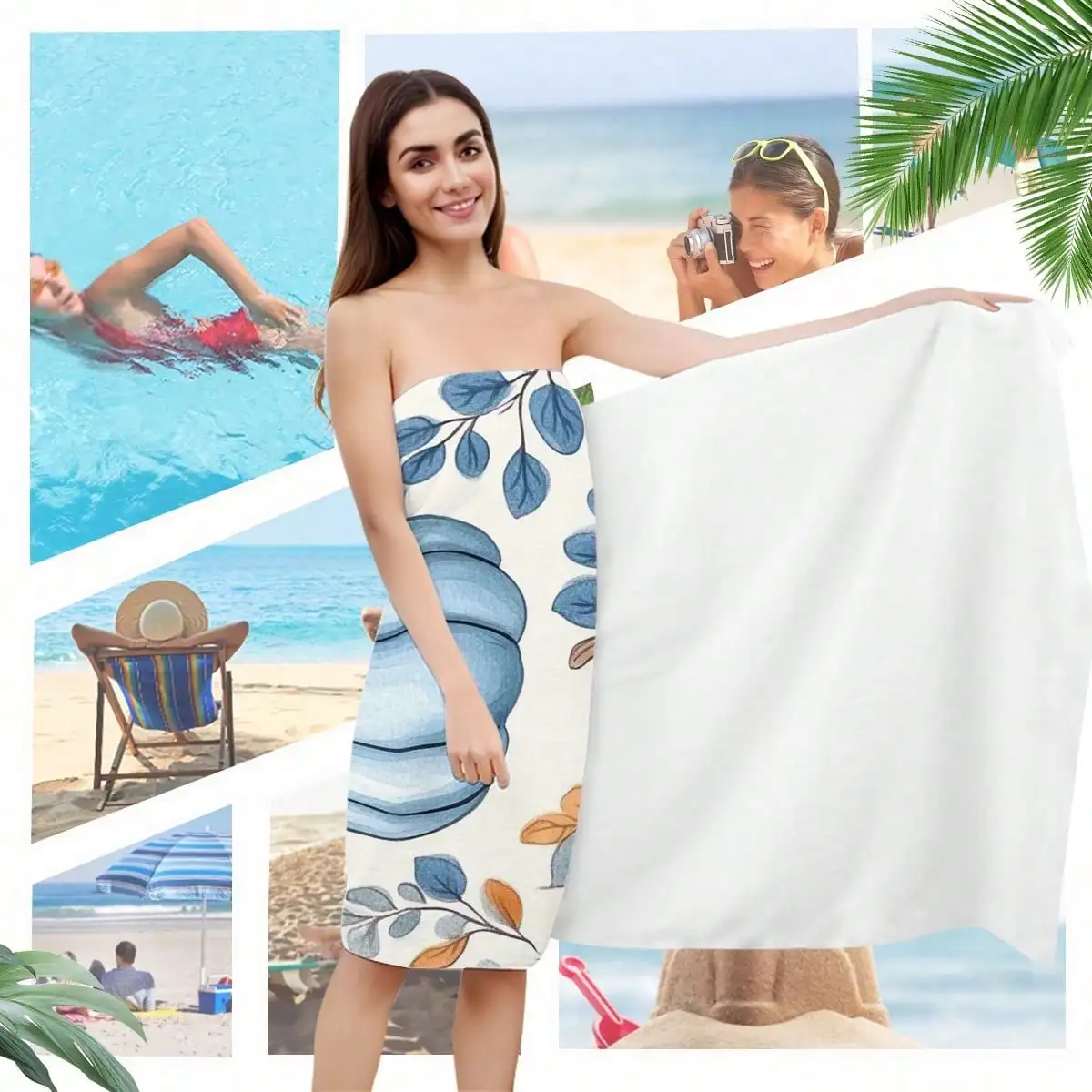 

1PC Spring Summer Floral Beach Towel, Blue Orange Pumpkin Pattern Microfiber Swim Towel, Windproof Sunproof Sandproof Lightweight Portable For Beach, Swimming, Fitness, Yoga, Travel