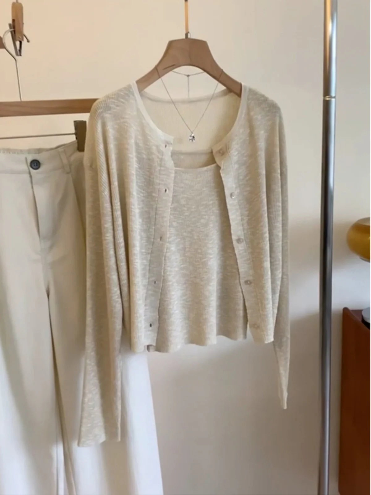 Korean Style Slimming Thin Ice Silk Knitted Cardigan And Tank Top Set Women's Fashion Autumn Layering Soft Long Sleeve round ...