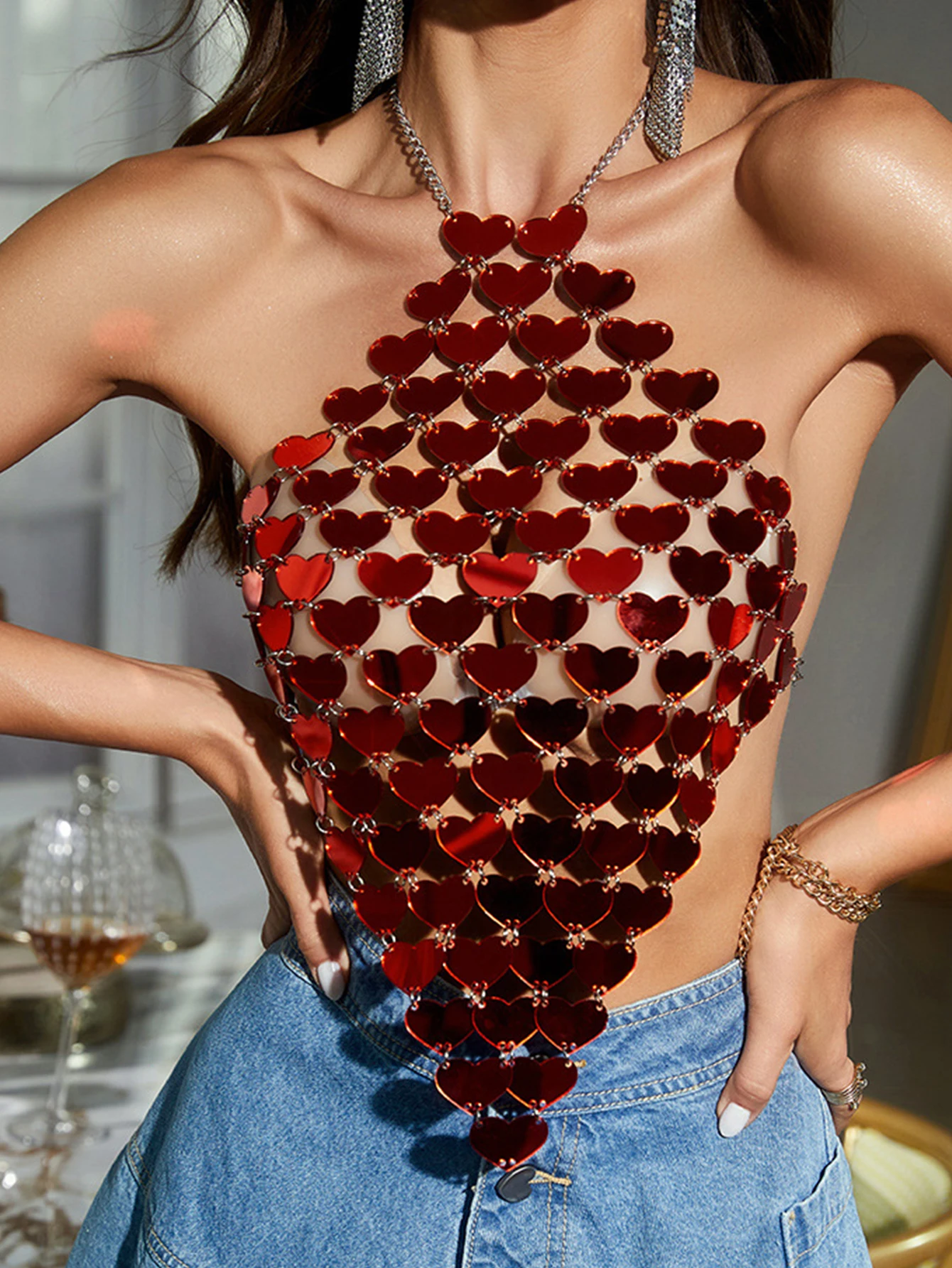 여성용 금속 스팽글 크롭 탑, 섹시한 y2k 의류, 여름철 볼 바디 비치 홀터 탱크 탑, 핫와이프 나이트 클럽 파티 탑 의상