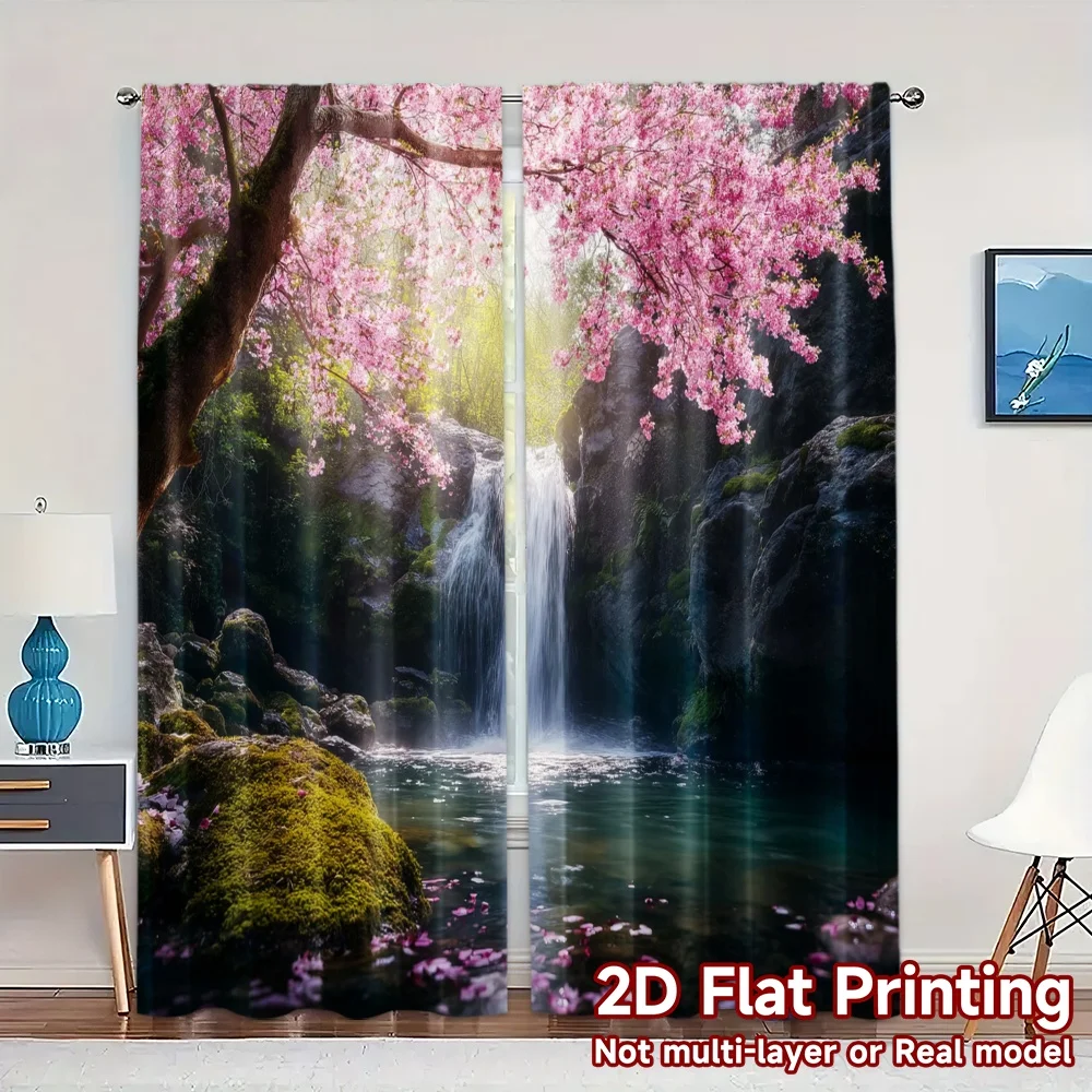2pcs, 2D FLAT PRINTING Curtains (Without Rod) Blossom Falls Chic Minimalist Curtains Durable 100% Polyester Fabric Curtains