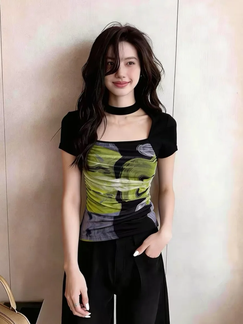 

Slim Fit Short Sleeve T-Shirt Women's Summer New Style Korean Version Square Collar Netting Top Self Preservation Recommendation
