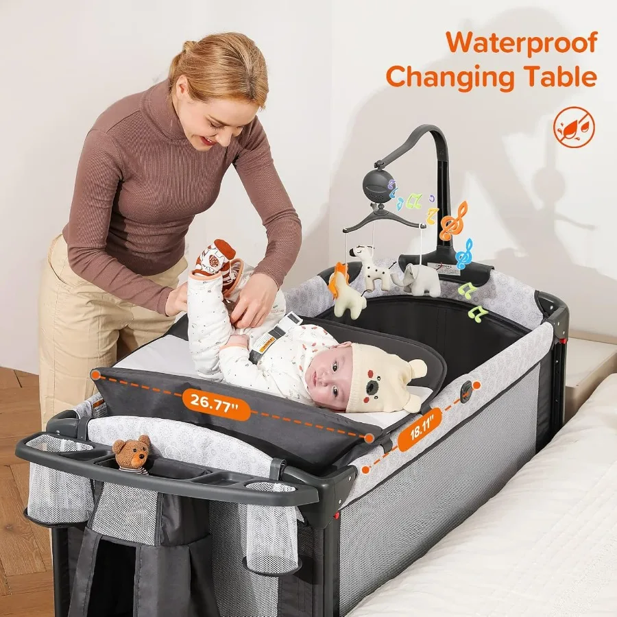 Culla da comodino per bambini da 50 pollici con fasciatoio, confezione e gioco con materasso e copertura oscurante per bambini, box 4 in 1 Trav