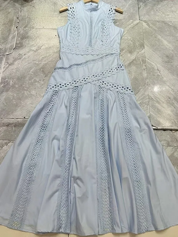 فستان طويل أبيض أنيق للنساء مثير بدون أكمام وياقة واقفة فساتين مجوفة موضة صيف 2025 فستان حفلات الأعياد