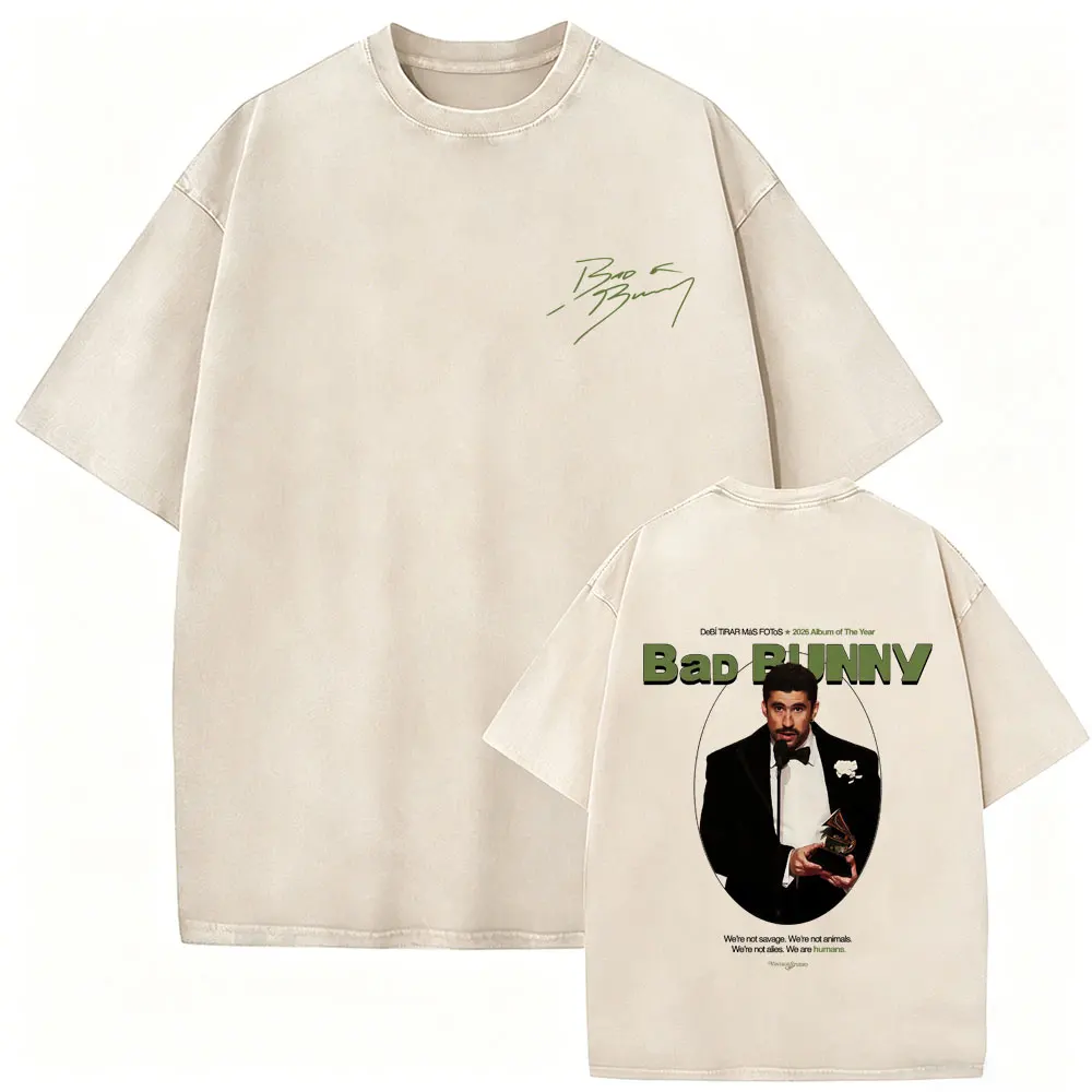 Vintage Acid Washed Rapper Bad Bunny T Shirts Debi Tirar Mas Fotos DTMF World Tour T-shirt Men's Women Hip Hop O Collar T-shirts