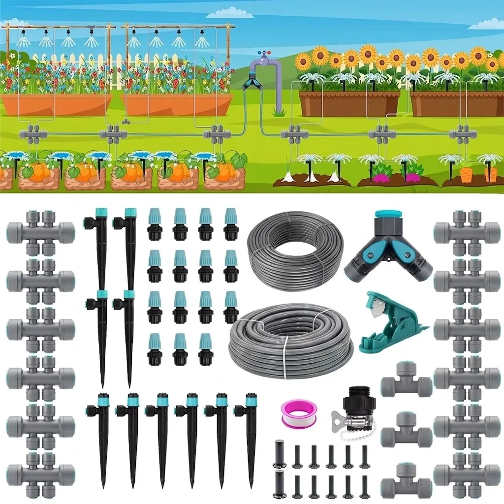 Drip Irrigation Watering Kit 230FT Y Type Distribution Tubing With Three Adjustable Nozzle Types Quick Connect System PE Hose