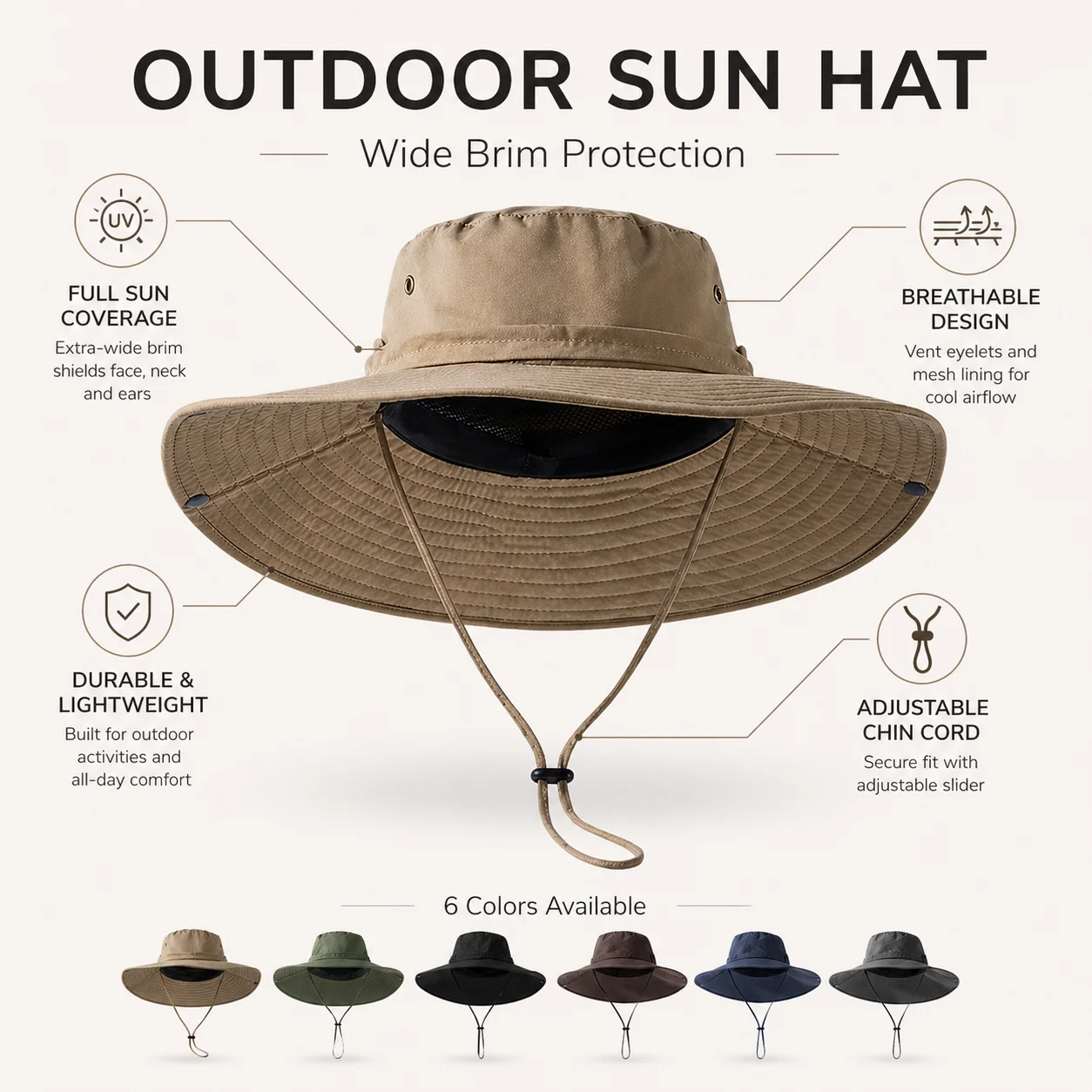 Men Wide Brim Sun Hat UV Protection Fishing Boonie Cap Breathable Safari Bucket Hat with Chin Strap for Outdoor Hiking