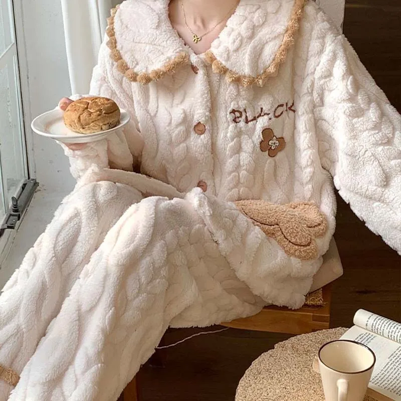 Pigiama cardigan in pile corallo carino da donna autunno e inverno Set pigiama in peluche addensato per ragazze studente caldo e confortevole pigiama