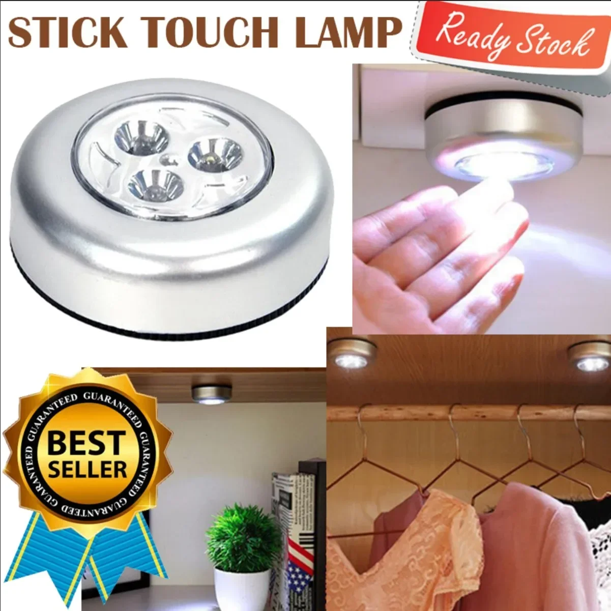 

3 LED Battery Powered Wireless Night Light Stick Tap Touch Push Security Closet Cabinet Kitchen Wall Lamp