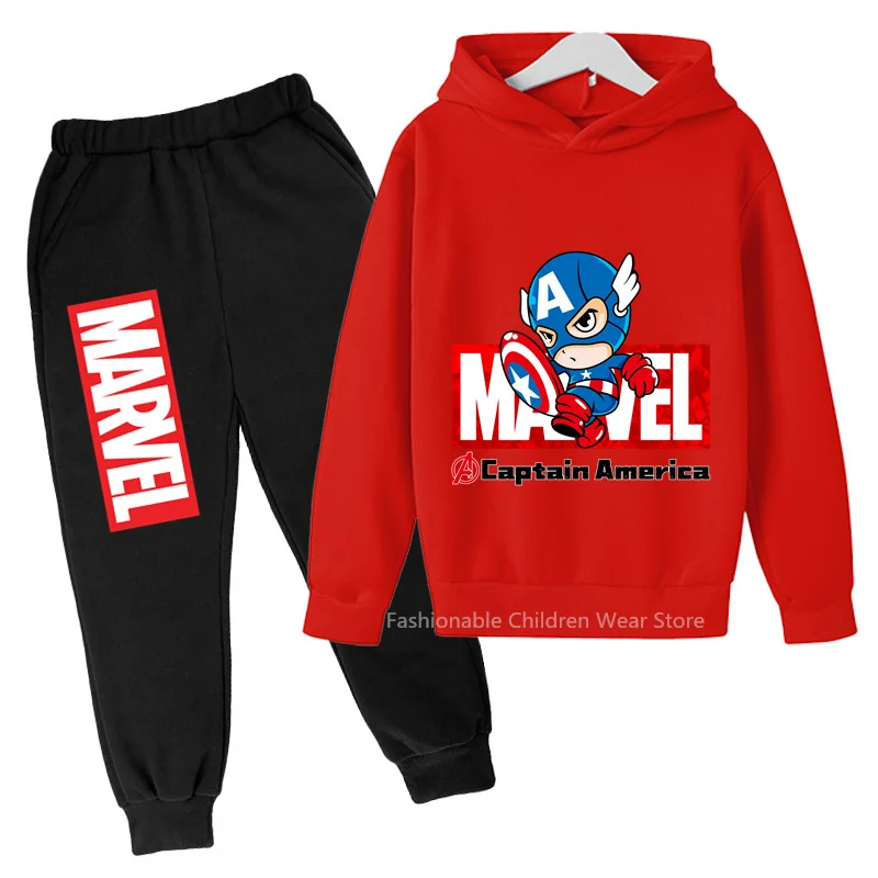 New Marvel Q-Edition Captain America Print Hoodie & Pants Set - Kids' Cotton Capped Outfit for Casual Styles