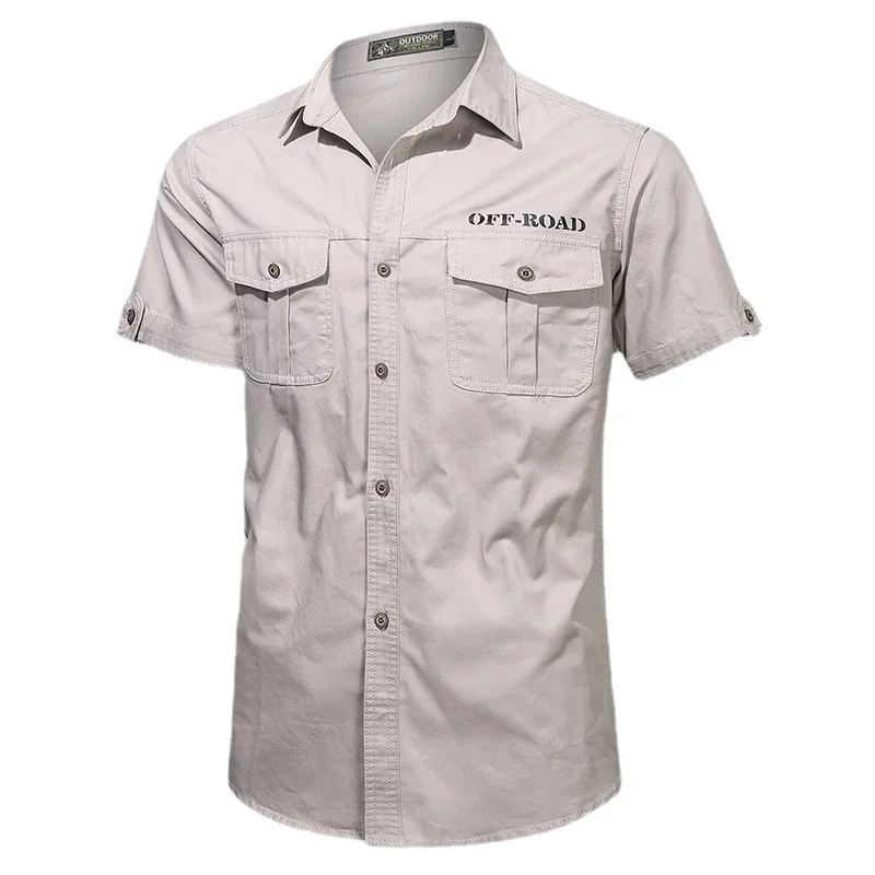 Men Military Stytle Multi Pockets Tooling Shirts New Summer Short Sleeve Shirts High Quality Men Cotton Casual Shirts Size 5XL