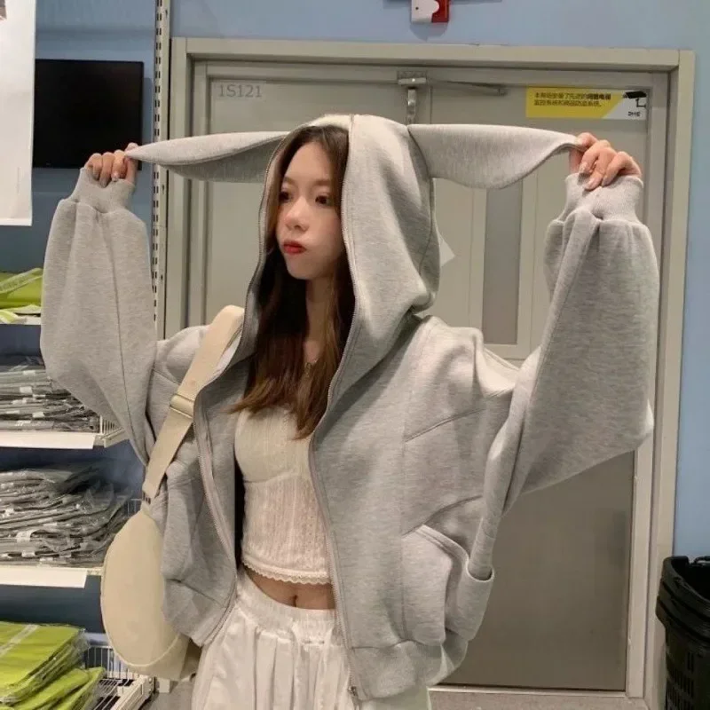 

Spring Autumn Rabbit Ear Hoodies Cute Long Sleeve Zippered Cardigan Women Short Top Loose Causal Preppy Style Korean Fashion 후드티