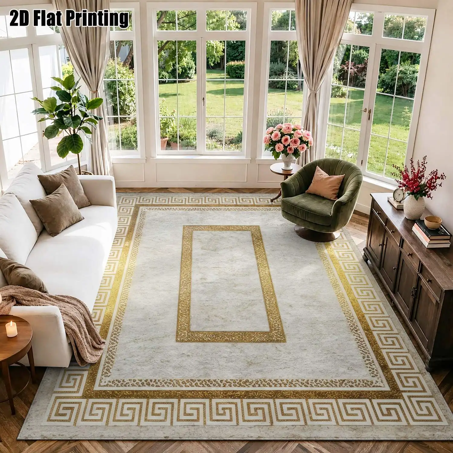 1Pc 2D Printed Beige & Gold Geometric Border Carpet: European Retro Modern Minimalist Home Decor Rug, Machine Washable, Multi-Size for Entrance, Dining, Foyer, Living & Bedroom