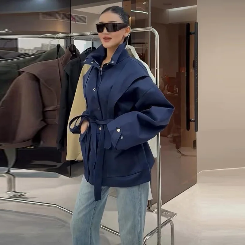 Damen-Windbreaker mit Revers und Schnürung, einreihiger Trenchcoat für Frühling und Herbst, langärmelige, schmale Jacke, neue Oberbekleidung – Detail 10