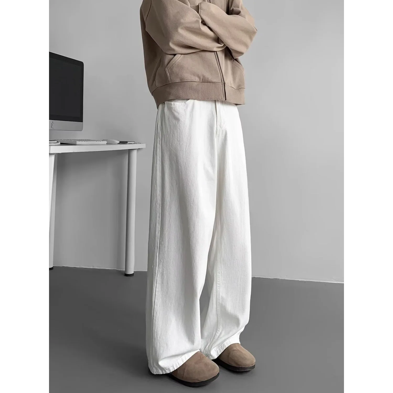 Men Clean Fit Solid White Wide Leg Jeans Minimalist Loose Straight Denim Pants No Logo Casual Daily Streetwear Baggy Long Trouse - view 4