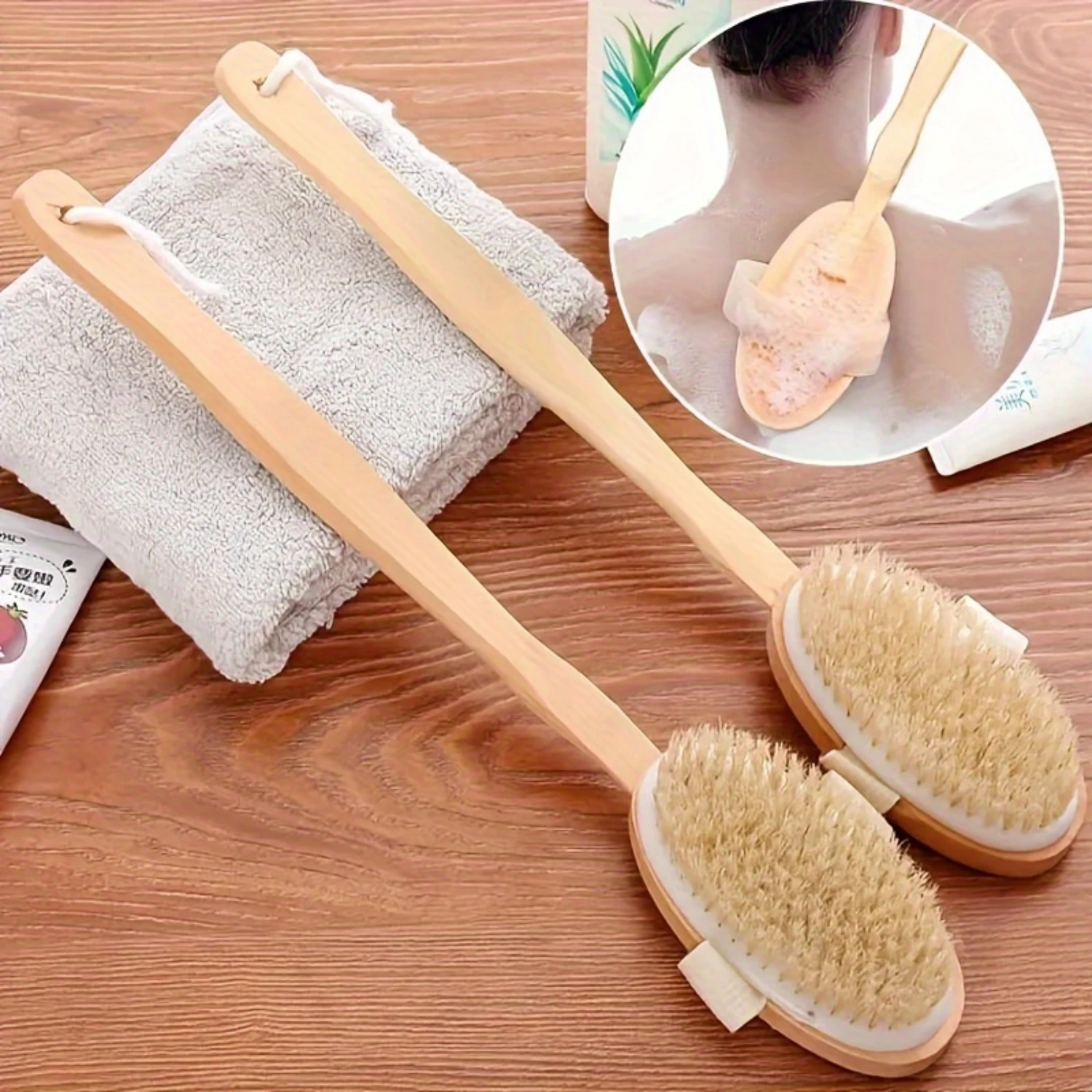 Long Handle Bath Sponge Shower Brush with Soft Natural Bristles - Back Cleaner for Women and Men, No Fragrance or Battery Needed