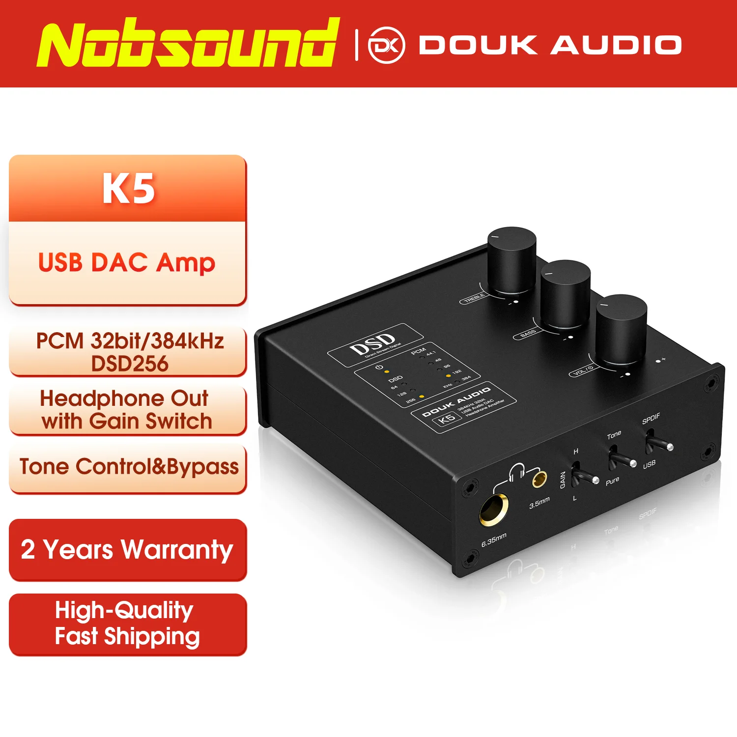 Nobsound K5 USB DAC Headphone Amplifier ESS9038Q2M Optical Digital to Analog Converter DSD256 with 3.5mm Headphone Jack