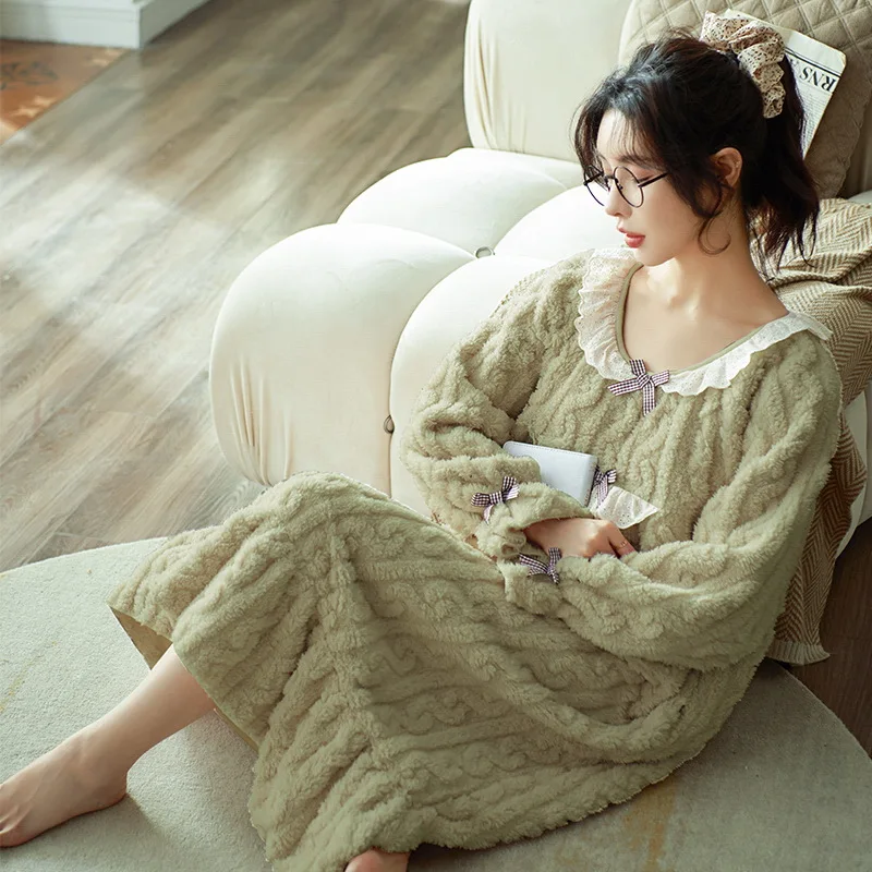 Winter Thicken Coral Velvet Warm Sleepwear Long Dress for Women Sweet Girls Flannel Nightgowns Cute Bath Robe Loose Home Wear