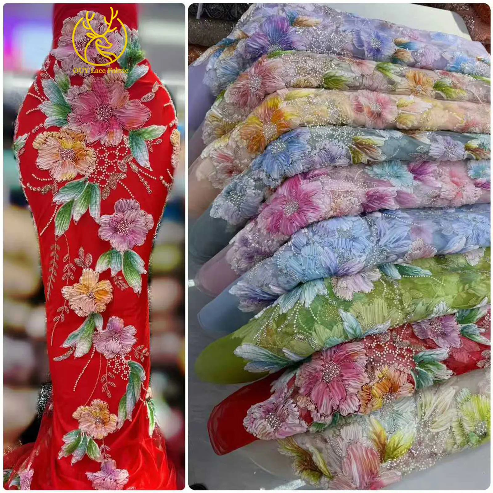 Afrika 3D-Blumenspitzenstoff 2026 Französischer Perlen-Pailletten-Spitzenstoff Nigeria Stickerei Tüll Spitze Brautparty Brautkleider – Detail 4
