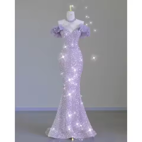 New shining sequined purple mermaid long lady girl women performance dance prom evening dress gown