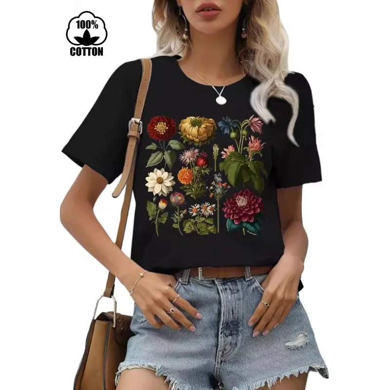 100% Cotton Vintage Botanical Wildflower Print Women T Shirt Round Neck Short Sleeve Summer Casual Floral Graphic Cotton Tees
