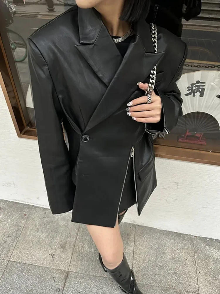 BZVW Spliced Designer Zipper Diagonal Buckle PU Leather Women Coat 2024 Spring Autumn Temperament Versatile Blazer Jacket Female