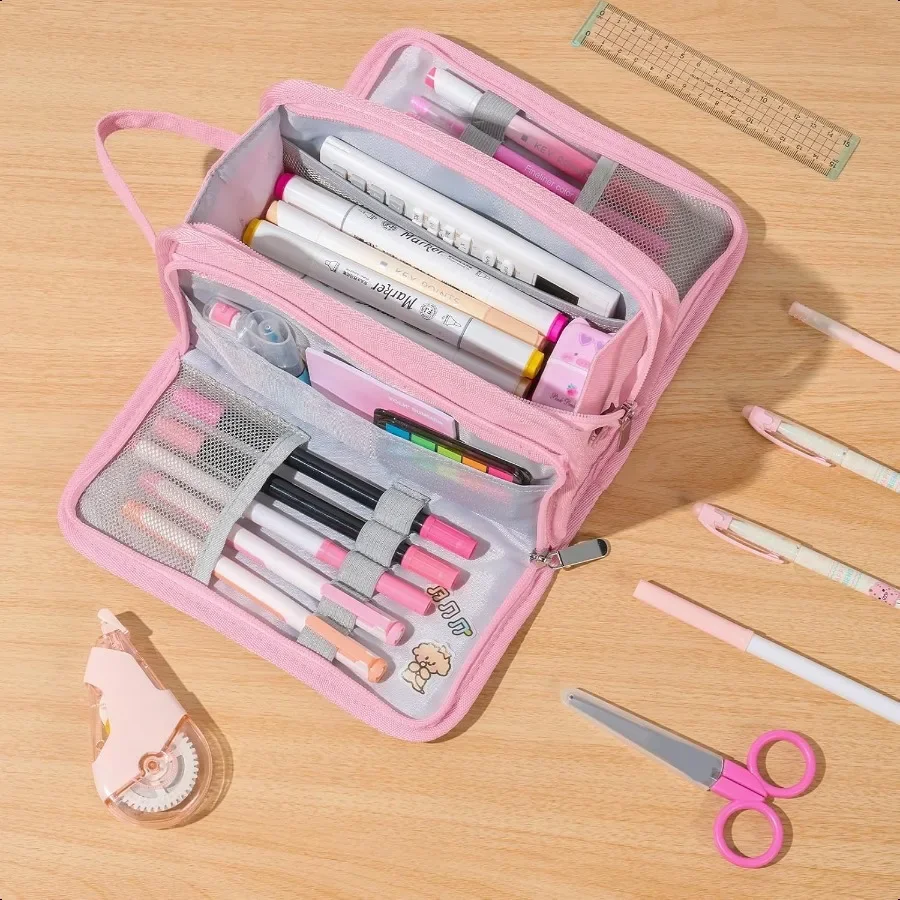 Estuche grande para lápices, estuche para lápices de gran capacidad, estuche para bolígrafos con 3 compartimentos, organizador de papelería de lona portátil con cremallera, bonito Ae