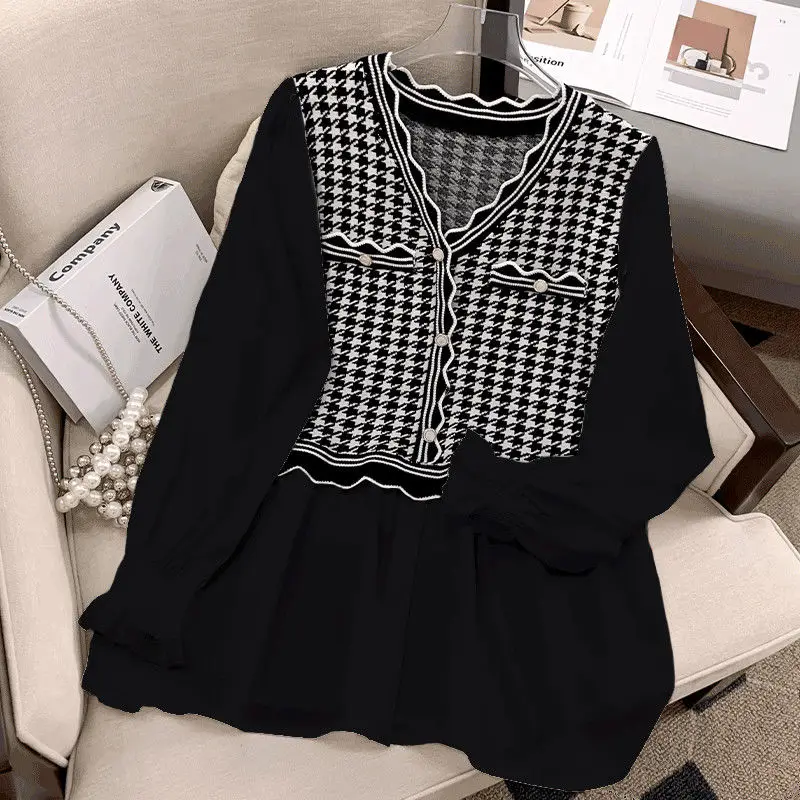 Women\'s Korean Fashion Houndstooth Print Patchwork Luxury Blouse Ruffle Elegant Chic V Neck Shirt Casual Long Sleeve Loose Tops