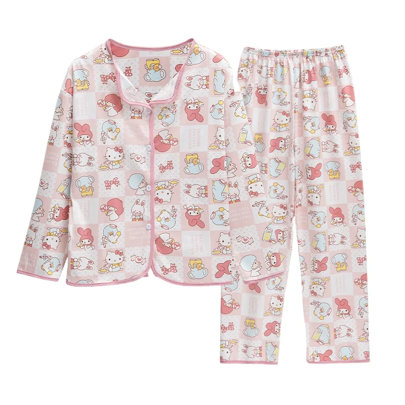 Sanrio Hello Kitty Milk Silk Neck Cardigan Pajamas Ladies Spring and Autumn Pacha Dog Long Sleeve Cute Loungewear