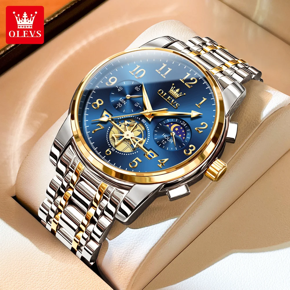 OLEVS 2900 Luxus Klassische Herren-Armbanduhren Chronograph Mondphase Leuchtend Wasserdicht Business Quarzuhr für Männer