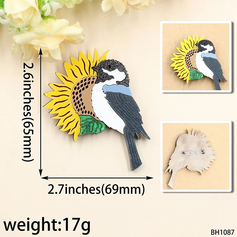 YAOLOGE Original Personal Sunflower Bird Brooch Black Kingfisher Design Acrylic Badge Women Novel Clothes Bag Accessories Pins