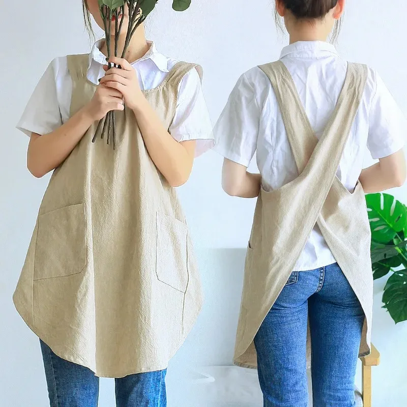 

Brief Rural Apron Women's Shoulder Strap Free Comfortable and Soft Home Cotton Cover Kitchen Cleaning Apron