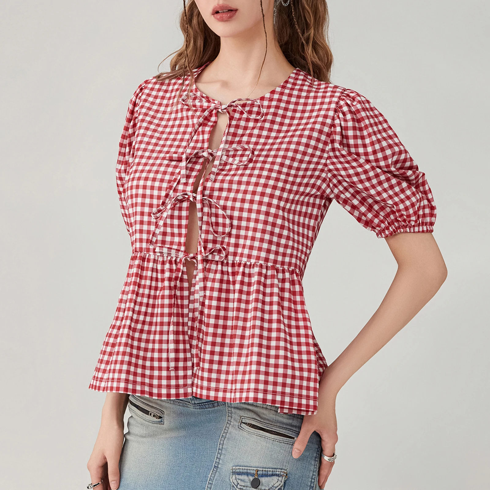 Women's Y2K Aesthetic Tie Front Top Puff Sleeve Round Neck Plaid Print Casual Loose Shirt Spring Autumn Shirt