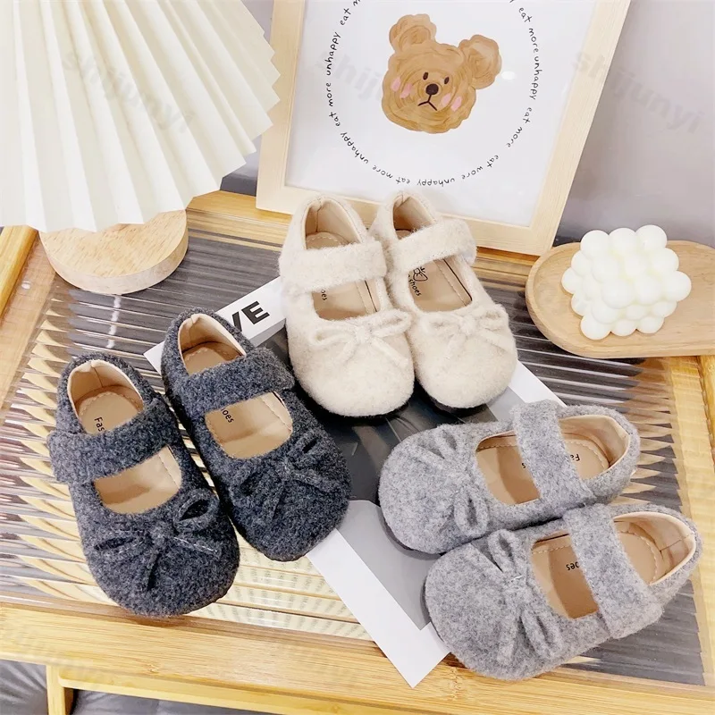 

Girls' Mary Jane Shoes 2025 Autumn Winter New Fashion Bow Knot Non Slip Casual Flats Comfortable Plush Soft Sole Princess Shoes
