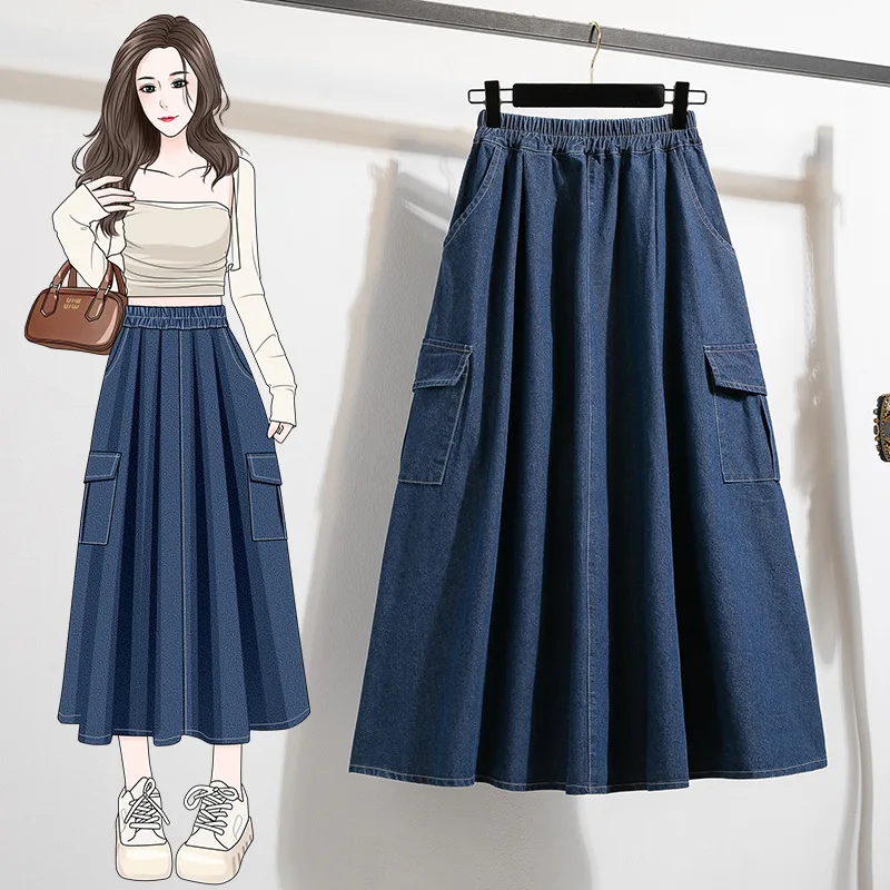 

Denim Solide Plus-size Skirt, Casual Loose Ruffled Skirt, A-line Skirt, Elastic High Waist Mid-length Skirt With Pockets