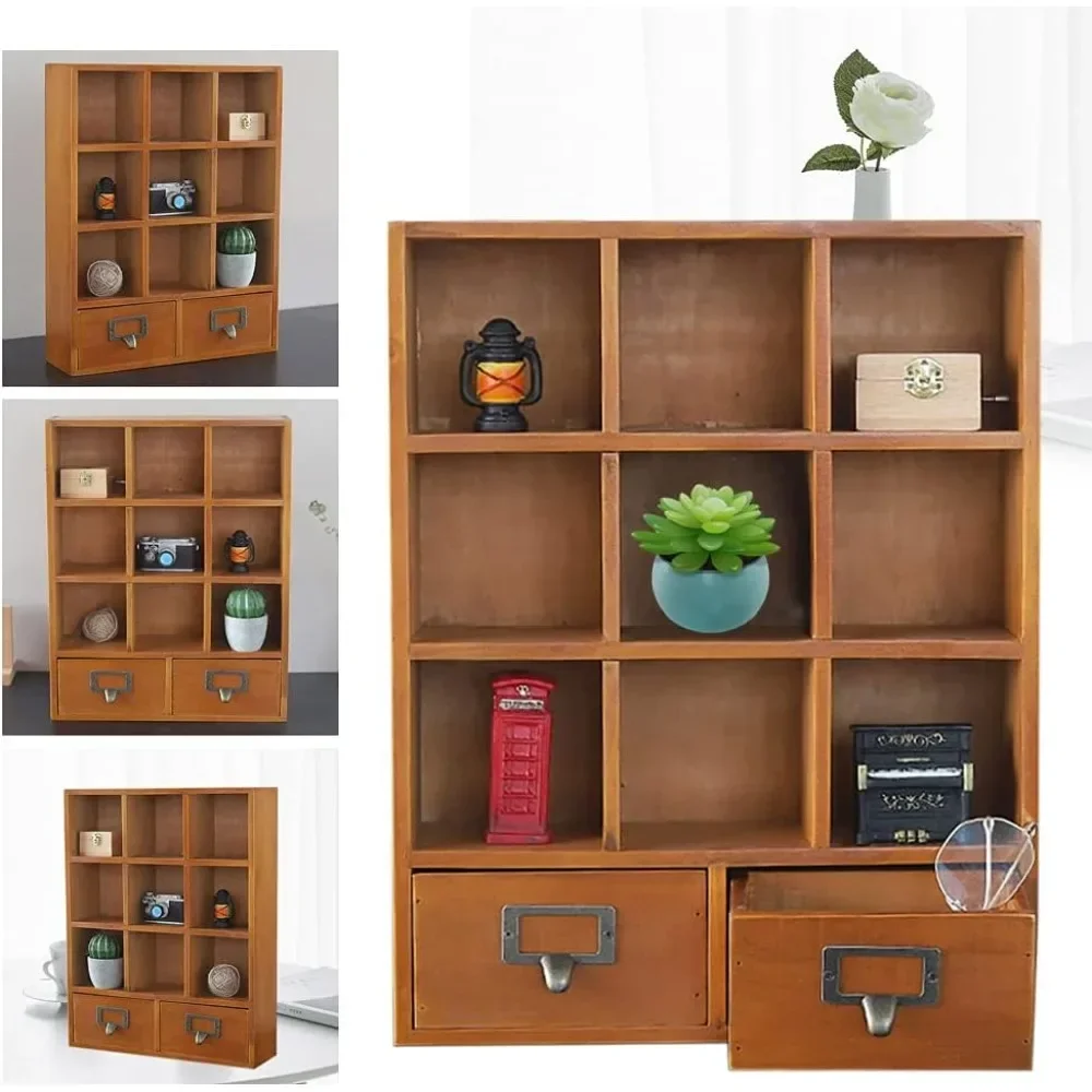 9-Cube Wooden Storage Shelf Organizer Desktop Bookshelf Display Cabinet for Bedroom Aesthetic Cube Storage with 2 Drawers