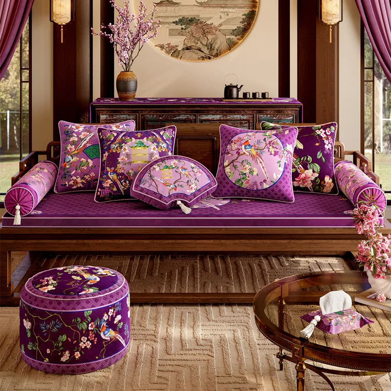 New Chinese Style Purple Phoenix Peony Pillow Cover, Traditional Oriental Bird Flower Decorative Throw Pillow Case for Sofa Bed
